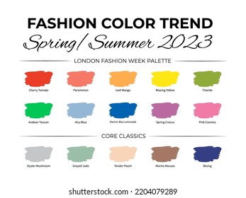 Fashion Color Trend Spring – Summer  2023. Trendy colors palette guide. Brush strokes of paint color with names swatches. Easy to edit vector template for your creative designs.