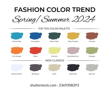 Fashion Color Trend Spring - Summer  2024. Trendy colors palette guide. Brush strokes of paint color with names swatches. Easy to edit vector template for your creative designs