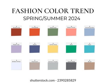 Fashion Color Trend Spring - Sommer 2024. Trendfarbige Farbpalettenführung. Stoffsäcke mit Farbnamen. Einfache Bearbeitung von Vektorvorlagen für Ihre kreativen Designs