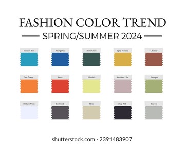 Fashion Color Trend Spring - Summer 2024. Trendy colors palette guide. Brush strokes of paint color with names swatches. Easy to edit vector template for your creative designs