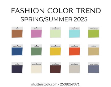 Moda Cor Tendência primavera - Verão 2025. Guia da paleta de cores da moda. Amostras de tecido com nomes de cores. Modelo de vetor para seus designs criativos