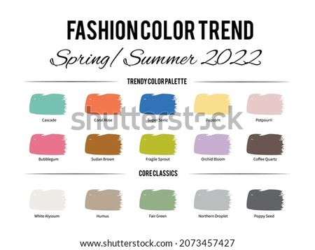 Fashion Color Trend Spring – Summer  2022. Trendy colors palette guide. Brush strokes of paint color with names swatches. Easy to edit vector template for your creative designs.