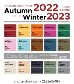 Fashion color trends Autumn Winter 2022-2023. Palette fashion colors guide with named color swatches, RGB, HEX colors