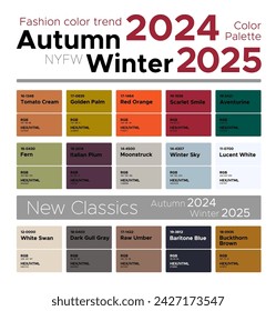 Fashion color trends Autumn Winter 2024-2025. Palette fashion colors guide with named color swatches, RGB, HEX colors