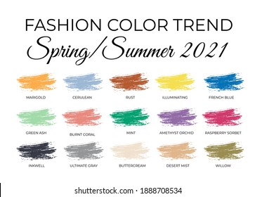 Fashion Color Trends Spring – Summer  2021. Trendy Colors Palette Guide. Brush Strokes Of Paint Color With Names Swatches. Easy To Edit Vector Template For Your Creative Designs.