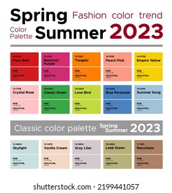 Fashion color trends Spring Summer 2023. Palette fashion colors guide with named color swatches, RGB, HEX colors - Shutterstock ID 2199441057