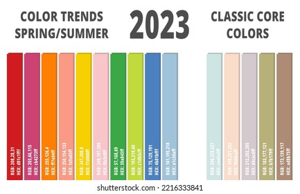 Fashion color trends spring summer 2023. Fashion color guide with named color swatches. Vector illustration