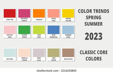 Fashion color trends spring summer 2023. Fashion color guide with named color swatches. Vector illustration - Shutterstock ID 2216333845