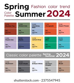 Fashion color trends Spring Summer 2024. Palette fashion colors guide with named color swatches, RGB, HEX colors