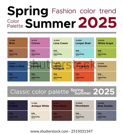 Fashion color trends Spring Summer 2025. Palette fashion colors guide with named color swatches, RGB, HEX colors