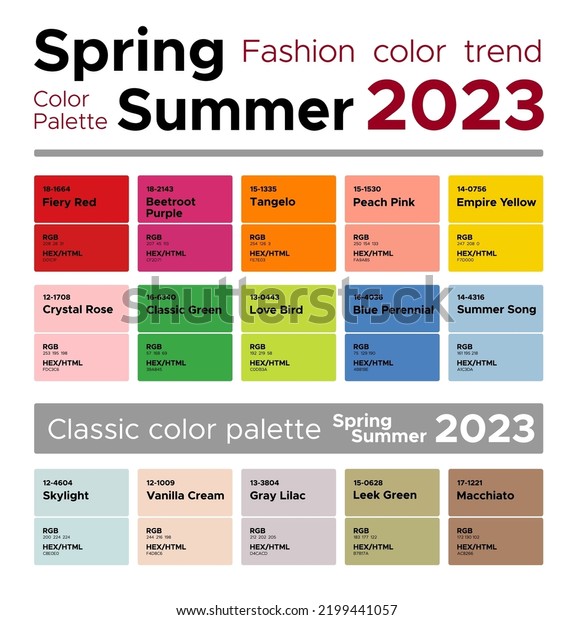 Fashion color\
trends Spring Summer 2023. Palette fashion colors guide with named\
color swatches, RGB, HEX\
colors