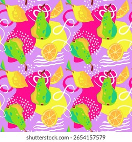 Moda colorido papéis de parede engraçados. Padrão perfeito com frutas. Ilustração brilhante de verão com limão e pera. 