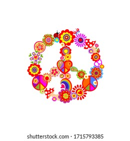 Fashion colorful print with groovy Peace Hippie Symbol with flower-power, fly agaric, rainbow for T shirt, bag, textile on the white background