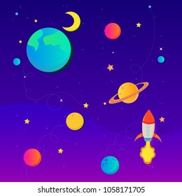 Fashion Colorful Space Banner. Card with Planets, Rocket, Stars, Moon. Design invitation, flyer and advertisement. Creative Vector Illustration.