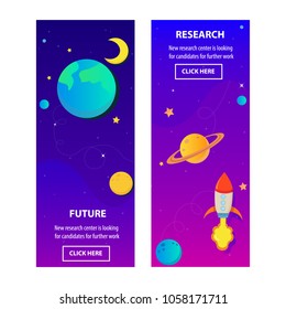Fashion Colorful Space Banner. Card with Planets, Rocket, Stars, Moon. Design invitation, flyer and advertisement. Creative Vector Illustration.