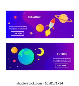 Fashion Colorful Space Banner. Card with Planets, Rocket, Stars, Moon. Design invitation, flyer and advertisement. Creative Vector Illustration.