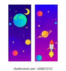 Fashion Colorful Space Banner. Card with Planets, Rocket, Stars, Moon. Design invitation, flyer and advertisement. Creative Vector Illustration.