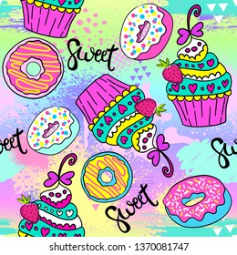 Fashion colorful wallpapers. Seamless pattern with cupcakes on  bright background