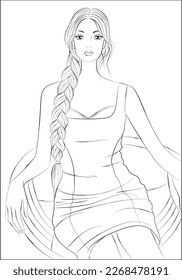 Fashion coloring book page vector illustration of a beautiful girl