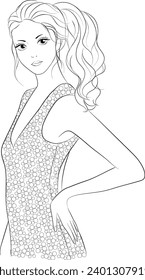 Fashion Coloring book sketch of a girl	
