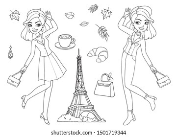 Fashion coloring girl in Paris .Beautiful girls near the Eiffel tower, around autumn and leaves, as well as coffee and croissant.