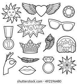 Fashion coloring patches. Pin badges set. Black and white stickers collection. Appliques for denim or clothes.