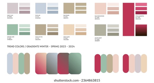 Colores y gradientes de moda tendencia Primavera de Invierno 2023 2024. Previsión de la paleta de color de la tendencia de color futura. Paleta vectorial de material de sombra