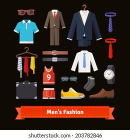 MenÃ¢Â?Â?s fashion colourful flat icon set. Apparel, suits, shirts, shoes and accessories. Retail store assortment. EPS 10 vector.