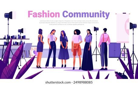 Fashion community group of people in studio with lights and equipment various outfits and styles plants in foreground modern design