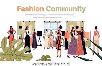 Fashion community people interacting in stylish outfits modern interior large window plants
