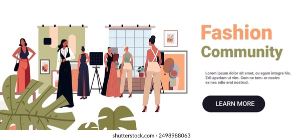 Fashion community women discussing new trends in a stylish studio with plants artwork and fashion equipment website design