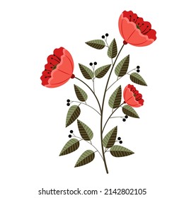 Fashion composition with poppies isolated on white background. Beautiful plants in folk style for panners, posters, postcards, patterns.