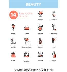 Fashion concept, beauty - line design icons set. Mirror, nail polish, brush, cream, perfume, maskara, lipstick, blusher brush, lotion, fan, purse, powder, shadow, body oil