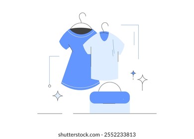 Fashion concept. Buying recycling eco friendly clothes and textile. Slow fashion and thrift or second hand shopping. Flat Cartoon Vector Illustration, icon. Stylish abstract