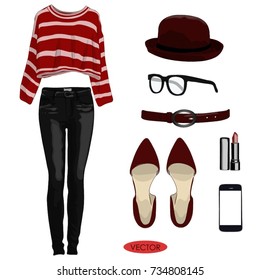 Fashion Concept. Casual autumn outfit set for girl. Stylish and trendy clothing set for fashion magazine. Blush color sweatshirt - Vector Illustration