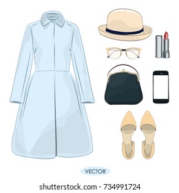 Fashion concept. Casual autumn outfit set for girl. Stylish and trendy clothing set for fashion magazine. Azure color coat with hat, shoes, glasses, bag and others accessories - Vector Illustration