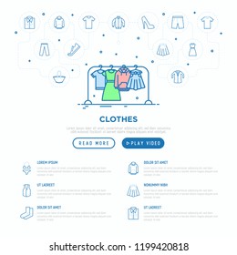 Fashion concept: clothing on the clothes rack with thin line icons: shirt, shoes, pants, shorts, underwear, dress, skirt, hoodie, t-shirt, socks. Modern vector illustration, web page template.