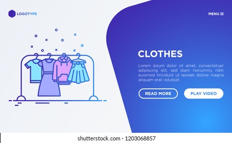 Fashion Concept: Clothing On The Clothes Rack With Thin Line Icons: Dress, Skirt, Hoodie, T-shirt. Modern Vector Illustration, Web Page Template On Gradient Background.