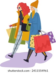 Fashion concept female friend walking shopping, woman hold package bag with fashionable item cartoon vector illustration, isolated on white. Concept buying vogue product, girlfriend character.