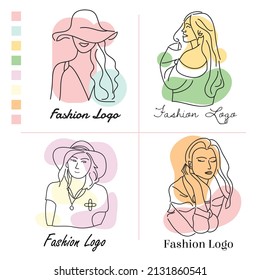 Fashion concept female line art abstract logo template set vector illustration with dummy text on white background.