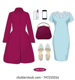 Fashion concept. Stylish and trendy clothing set for fashion magazine. Violet red color coat and azure evening dress, shoes, bag and others accessories - Vector Illustration