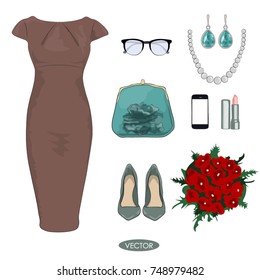 Fashion concept. Stylish and trendy evening outfit for girl. Beige cocktail dress with bouquet and  others accessories - Vector Illustration