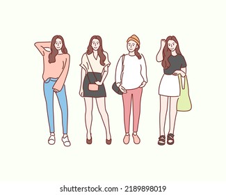Fashion concept. Young woman dressed in fashion. Hand drawn style vector illustrations.
