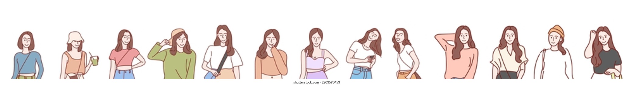 Fashion concept. Young woman dressed in fashion. Hand drawn style vector illustrations.