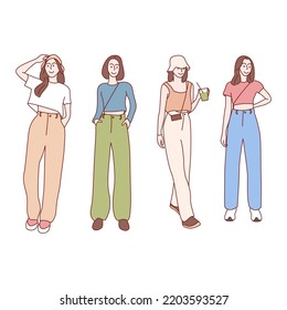 Fashion concept. Young woman dressed in fashion. Hand drawn style vector illustrations.