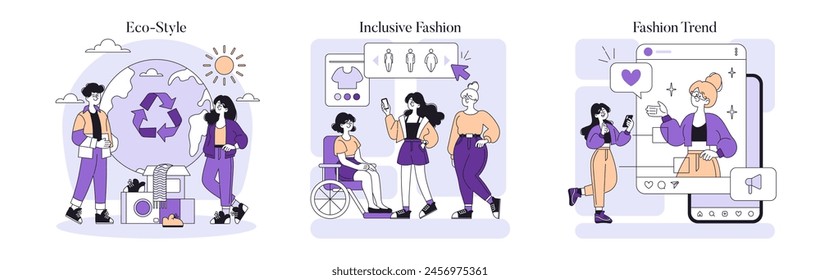 Fashion concepts set. Sustainable eco-style, inclusive fashion diversity, digital influencers shaping trends. Monochromatic design. Vector illustration.