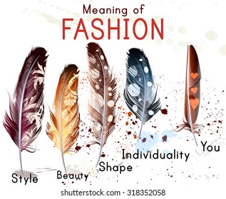 Fashion conceptual background with colorful feathers. What mean fashion. Style, individuality, shape, beauty