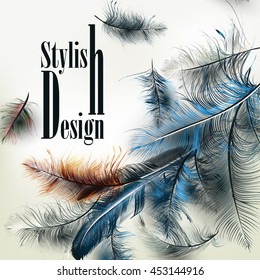 Fashion conceptual background with vector realistic blue feathers stylish design