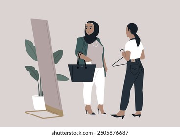 A fashion consultant guides her client while standing before a large mirror, showcasing a thoughtful selection of outfits