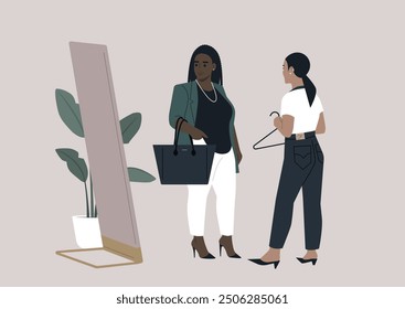 A fashion consultant guides her client while standing before a large mirror, showcasing a thoughtful selection of outfits